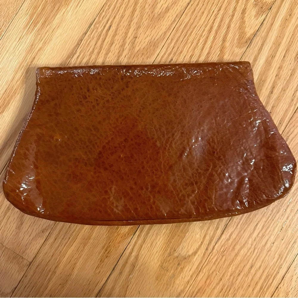 Lauren Merkin Caramel Cognac Brown Clutch Purse Envelope Closure Shiny Chic